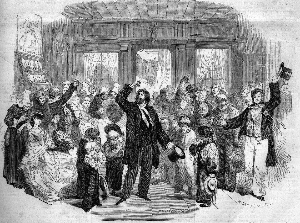 التمثيل المسرحي لـ "لا بينيلوبي نورماندي" (الفصل الأول) للفونس كار (1808-1890). من بين الممثلين الكوميديين السيدة أليكسيس ، السيدة دوش ، لافونتين (هنري لافونتين بواسطة المدرسة الفرنسية