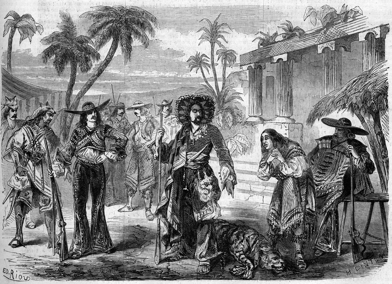 التمثيل المسرحي لـ ”Les Pirates de la Savane“ (الفصل الأول ، اللوحة الثالثة) لأوغست أنيسيت بورجوا (1806-1871) وفرديناند دوغ. باريس ، مسرح لا جايت بواسطة المدرسة الفرنسية