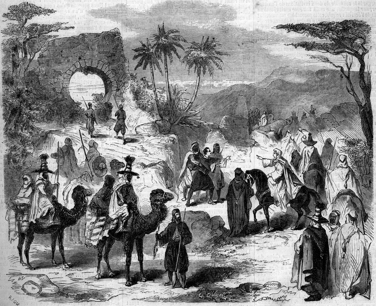 التمثيل المسرحي: القافلة ، مشهد أول فصل من "مجازر سوريا" للفكتور فيكتور سجور (1816؟ -1874). باريس ، مسرح إمبريال دو سيرك بواسطة المدرسة الفرنسية
