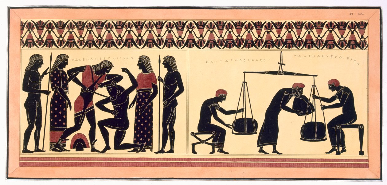 تم نشر ثيسيوس ومينوتور ، على اليمين ، مع رجال يزنون الصوف ، 1808-10 (ليثو ملون) بواسطة المدرسة الفرنسية