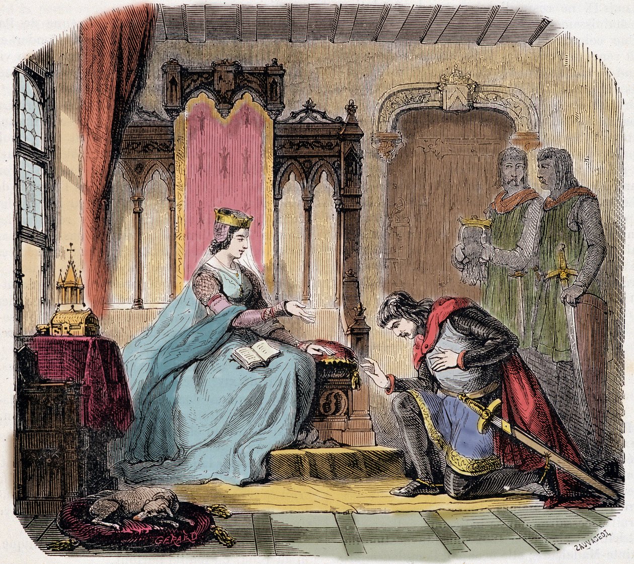 Thibault IV of Champagne (1201-1253) (المعروف أيضًا باسم Thibault I of Navarre) ، جاء عند أقدام ملكة قشتالة بلانش لتحذيرها من الخطر الذي قد تهرب منه - في "Paris a travers les cuecles" بقلم دي جينويلاك بواسطة المدرسة الفرنسية