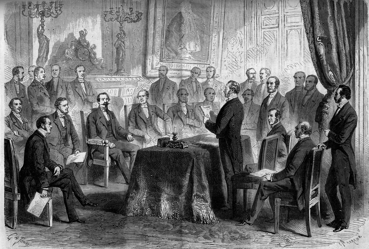 الجمهورية الثالثة: اجتماع مجلس الدولة في التويلري بحضور نابليون الثالث (1808-1873) والبارون يوجين جورج هوسمان ، رئيس باريس (1809-1891). نقش في "" Le Monde Illustré "" رقم 291 بتاريخ 8 نوفمبر 1862. بواسطة المدرسة الفرنسية