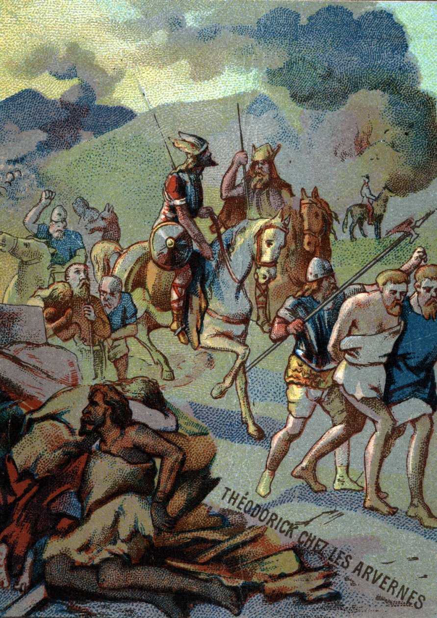 Théoderick ، الابن الأكبر لكلوفيس ، في Arvernes (أوفيرني) (532-533). الطباعة الحجرية الملونة من سلسلة "" التربية الوطنية من خلال الصورة "". بواسطة المدرسة الفرنسية