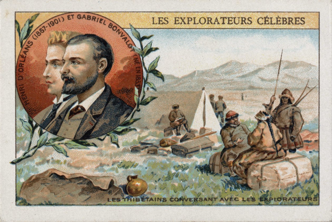 تبتيون تحولوا مع المستكشفين الفرنسيين هنري دورليانز (1867-1901) وغابرييل بونفالوت (1853-1933). الطباعة الحجرية الملونة في القرن التاسع عشر. بواسطة المدرسة الفرنسية