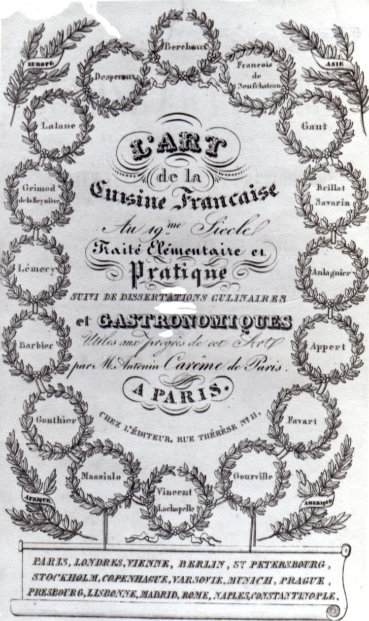 صفحة العنوان لـ LArt de la Cuisine Francaise vol. الثالث بواسطة أنتونين كاريمي ، تم نشره عام 1834 (ورقة مطبوعة) بواسطة المدرسة الفرنسية