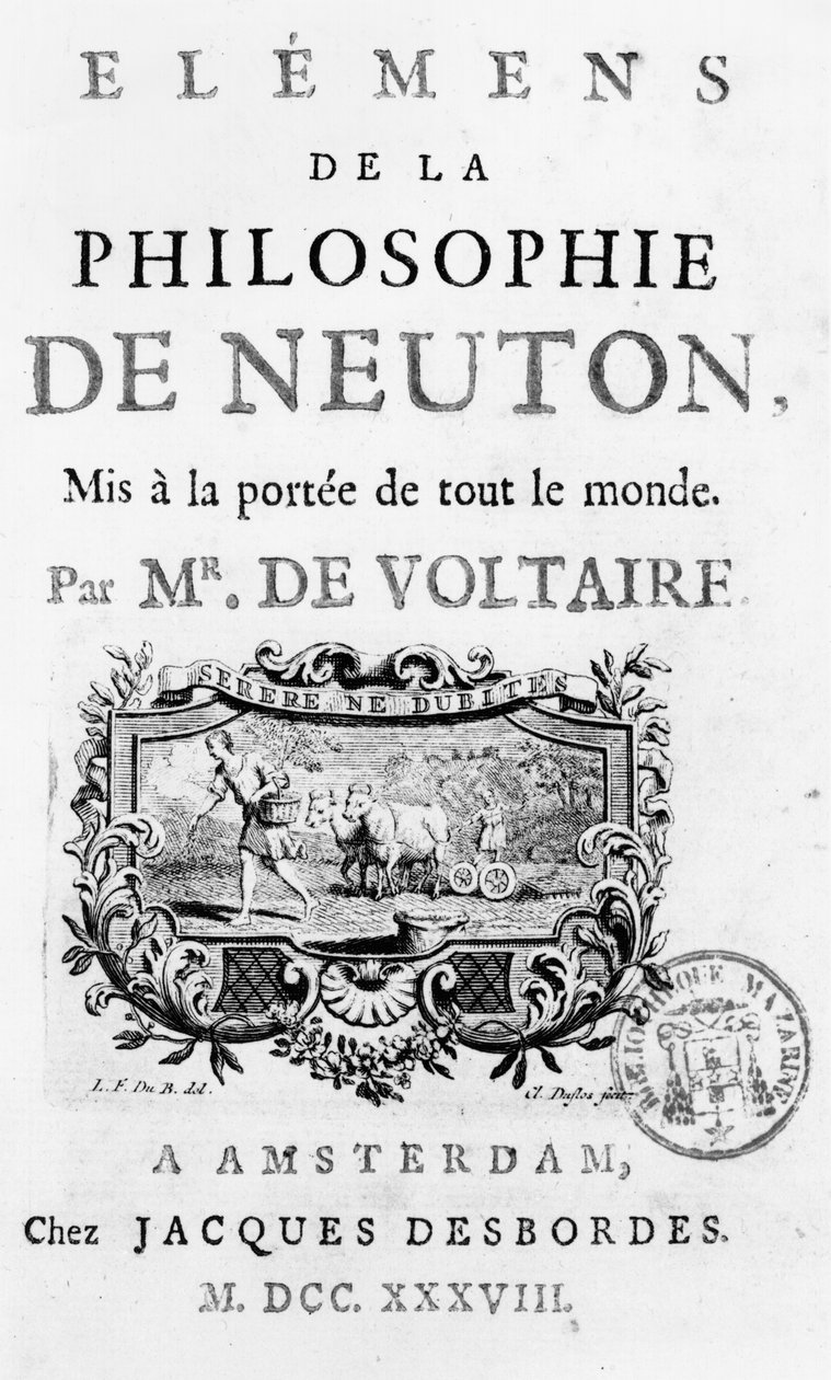 صفحة عنوان عناصر فلسفة نيوتن بقلم فرانسوا ماري أرويت فولتير (1694-1778) أمستردام ، نُشرت عام 1738 بواسطة المدرسة الفرنسية