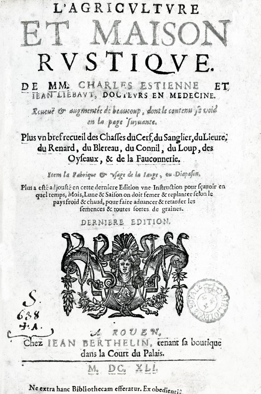 صفحة عنوان LAgriculture et Maison Rustique ، بقلم Charles Estienne ، طبعة نُشرت عام 1641 (الحروف والنقش) بواسطة المدرسة الفرنسية
