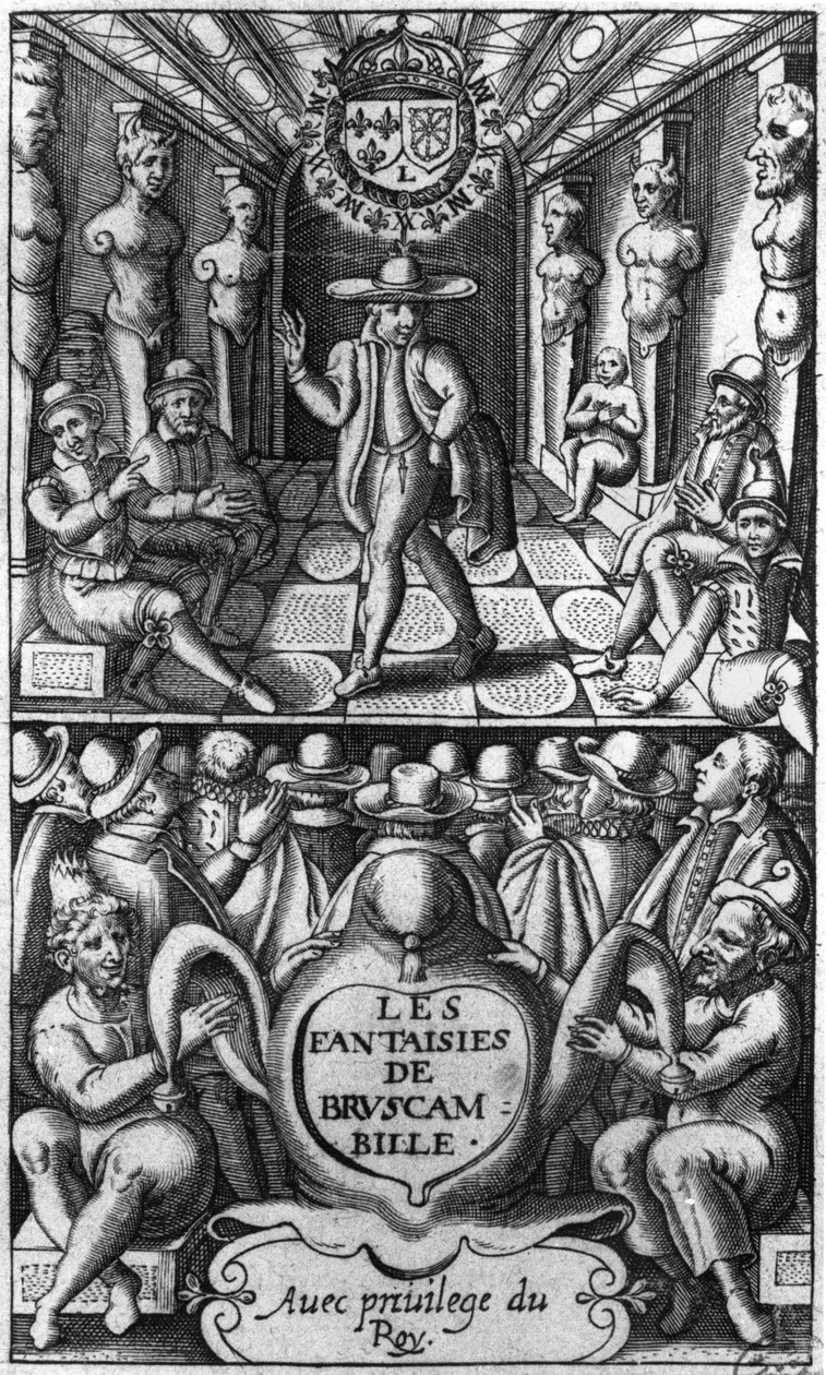 صفحة العنوان من Les Fantaisies de Bruscambille ، تم نشرها عام 1615 بواسطة المدرسة الفرنسية