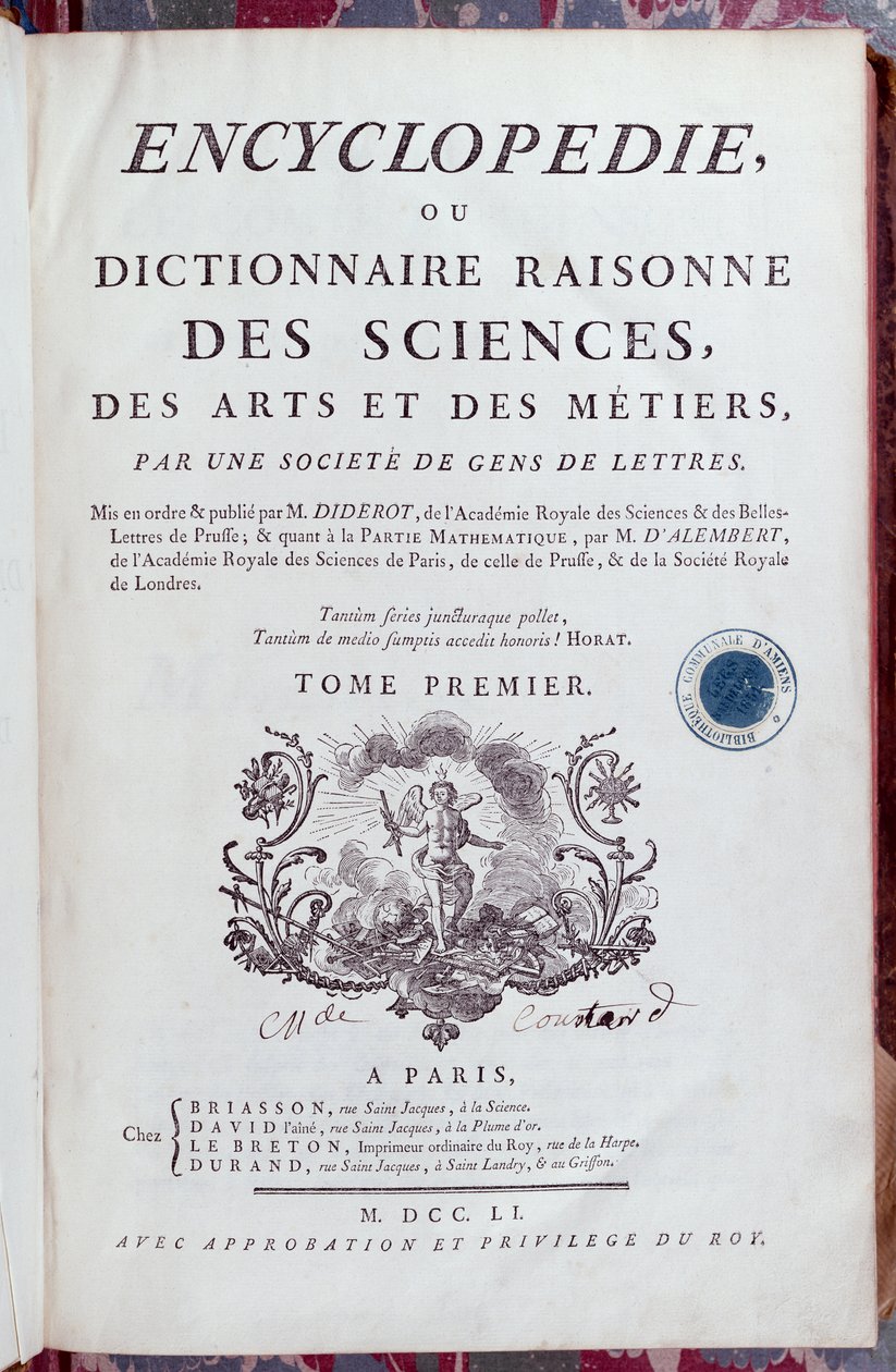 صفحة عنوان موسوعة دينيس ديدرو (1713-1784) ، نُشرت في باريس عام 1751 (انظر أيضًا 157777) بواسطة المدرسة الفرنسية