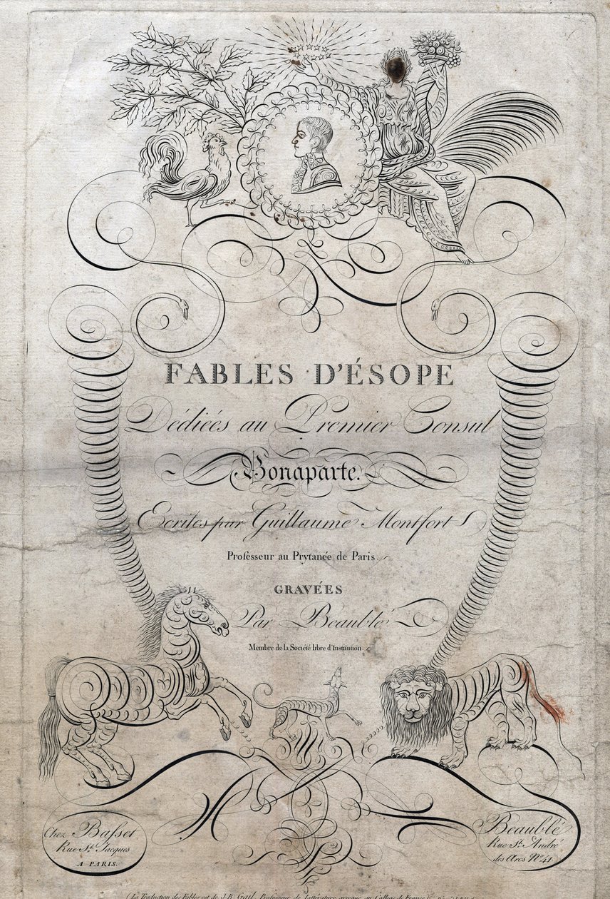 صفحة عنوان "" Fables d'Esope "". (الكاتب اليوناني Esopo أو Ecopus ، القرن السادس قبل الميلاد) مخصص للقنصل الأول بونابرت ، كتبه Guillaume Montfort و Gravees بواسطة Beauble في عام 1801. بواسطة المدرسة الفرنسية