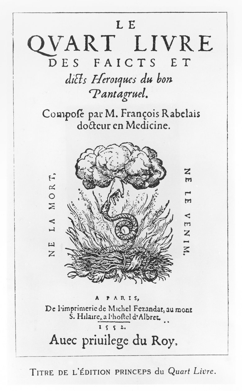 صفحة عنوان "Le Quart Livre des Faicts et Dicts Heroique du Bon Pantagruel" بقلم فرانسوا رابليه بواسطة المدرسة الفرنسية