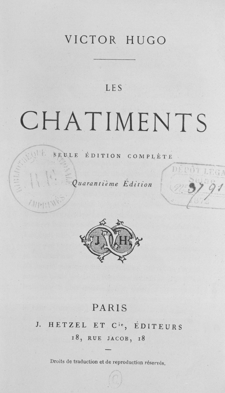 صفحة عنوان Les Chatiments (1853) بقلم فيكتور هوغو (1802-85) ، الطبعة 40 التي نشرها J. Hetzel ، 1872 بواسطة المدرسة الفرنسية