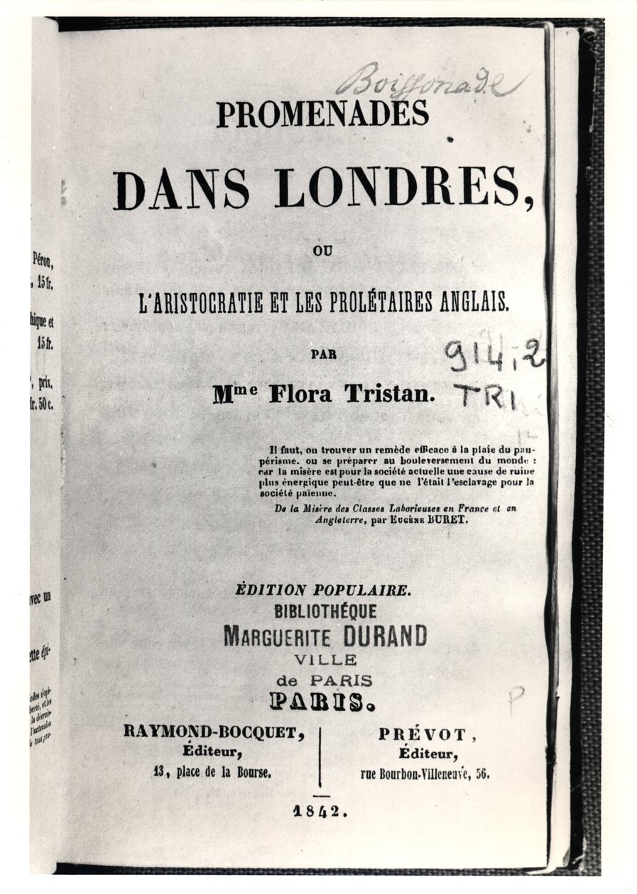 صفحة عنوان Promenades dans Londres بواسطة Flora Tristan (1803-44) ، التي نشرتها في باريس بواسطة Raymond-Bocquet and Prevot ، 1842 بواسطة المدرسة الفرنسية