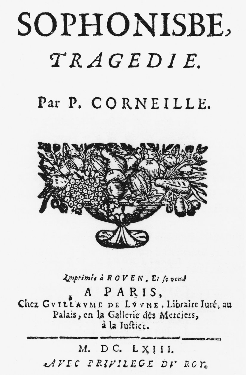 صفحة عنوان Sophonisbe بواسطة Pierre Corneille (1606-84) نشرت في 1663 بواسطة المدرسة الفرنسية