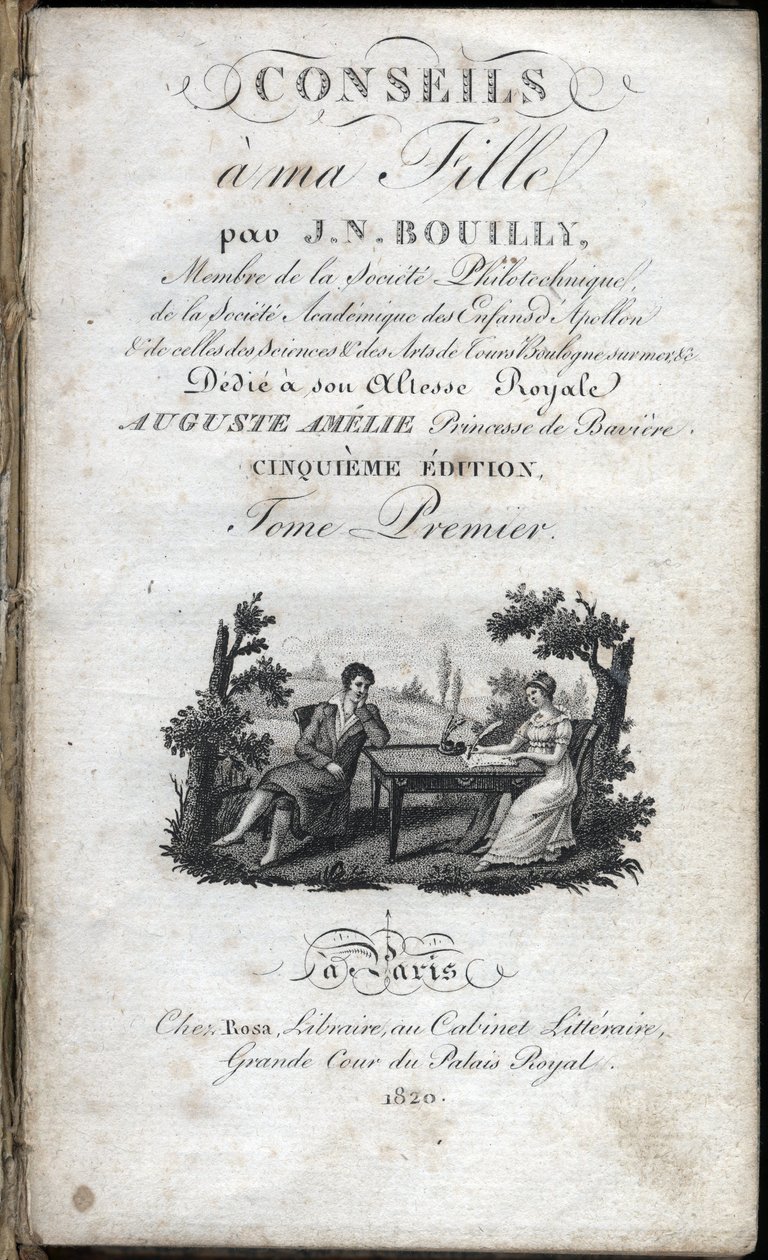 صفحة عنوان "" نصائح لابنتي "" لجين نيكولاس بويلي (1763-1842). 1820. مجموعة خاصة. بواسطة المدرسة الفرنسية