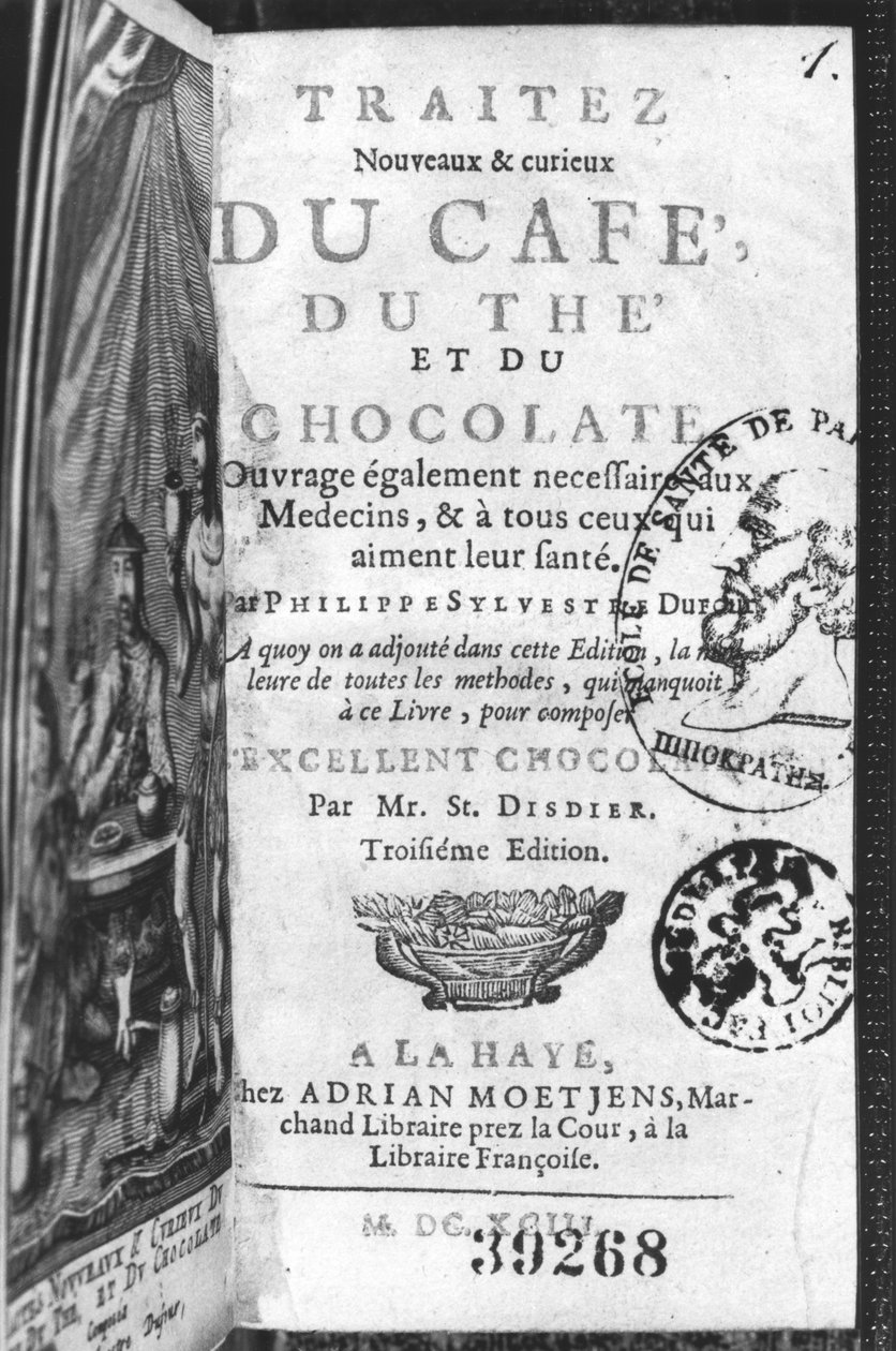 صفحة العنوان من Traite Nouveau et Curieux du Cafe، du Tea et du Chocolat بقلم فيليب سيلفستر دوفور ، لاهاي ، نشر 1693 بواسطة المدرسة الفرنسية