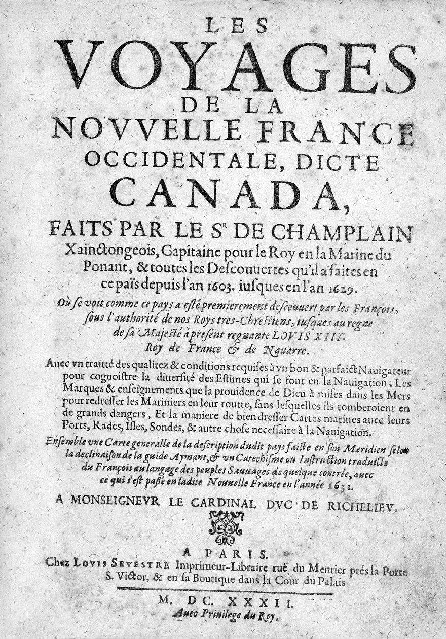 صفحة العنوان لـ Les Voyages de la Nouvelle France ... تم النشر عام 1632 (طباعة) بواسطة المدرسة الفرنسية