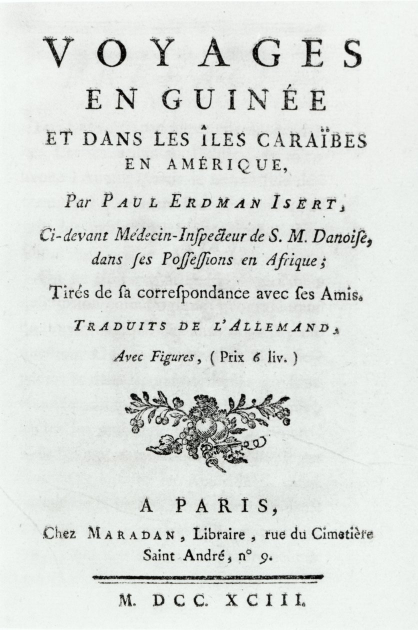 صفحة العنوان للرحلات في غينيا وجزر الكاريبي في أمريكا بقلم بول إردمان إيزرت ، نُشرت عام 1743 بواسطة المدرسة الفرنسية