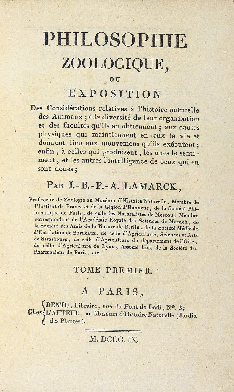 صفحة العنوان "Philosophie Zoologique" بقلم جان بابتيست لامارك ، نُشرت في باريس ، 1809 بواسطة المدرسة الفرنسية