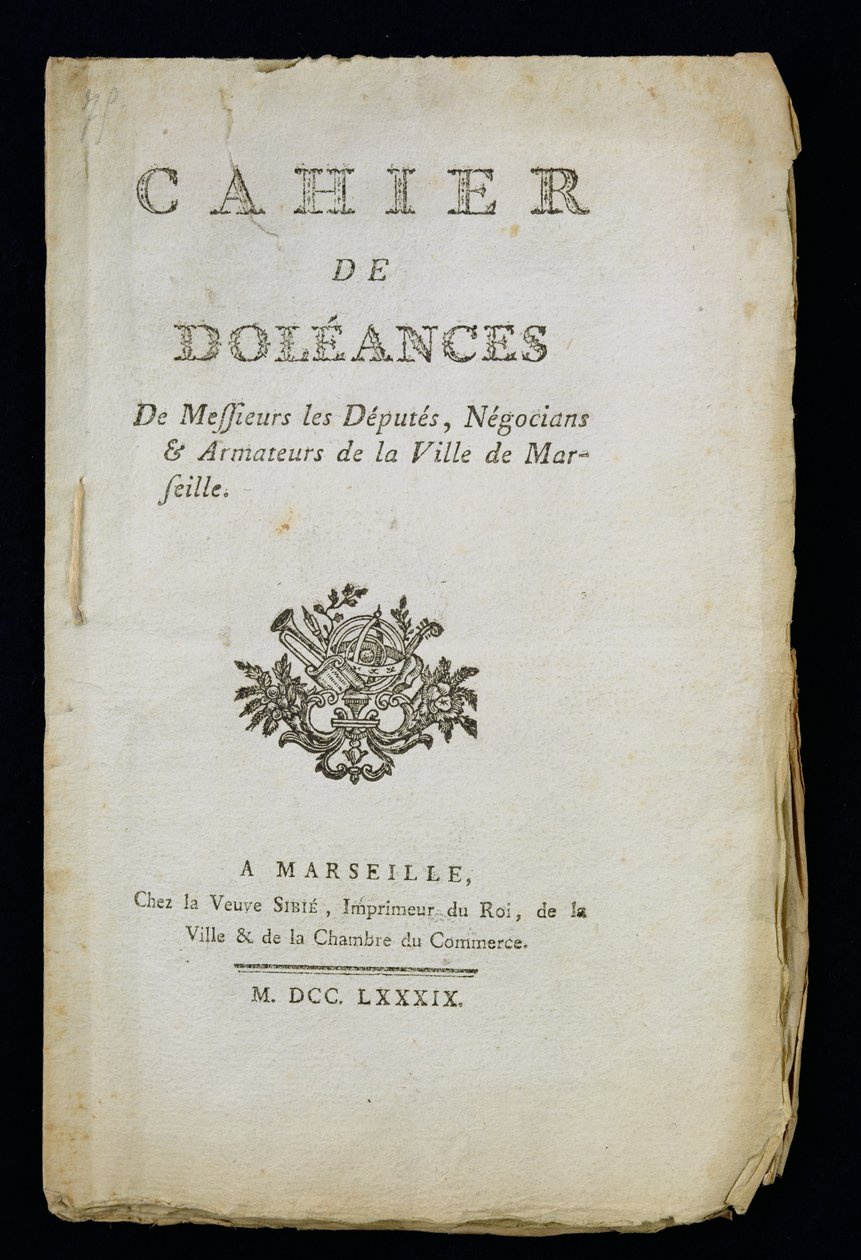 صفحة عنوان كتاب شكاوى نواب مرسيليا وتجارها ومالكيها ، 1789 بواسطة المدرسة الفرنسية