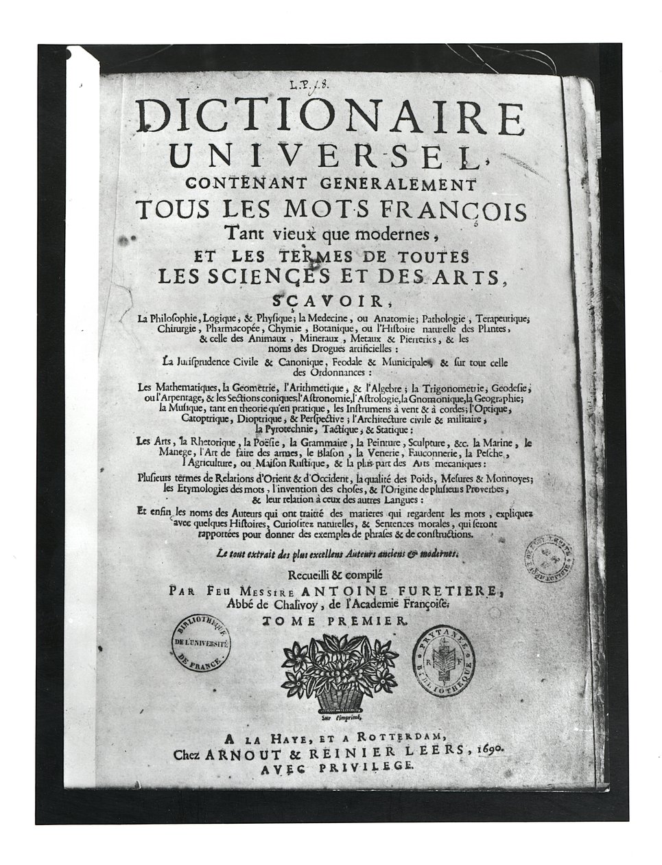 صفحة العنوان من Dictionnaire Universel بواسطة أنطوان فوريتيير (1619-88) 1690 (طباعة) بواسطة المدرسة الفرنسية