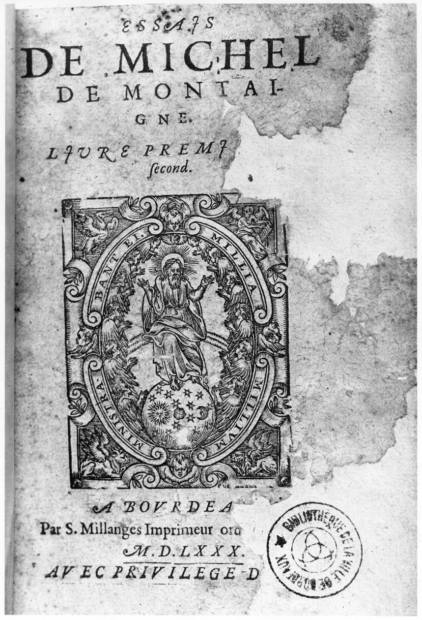 صفحة عنوان الطبعة الأولى من Essais بقلم ميشيل دي مونتين (1533-1592) 1580 بواسطة المدرسة الفرنسية