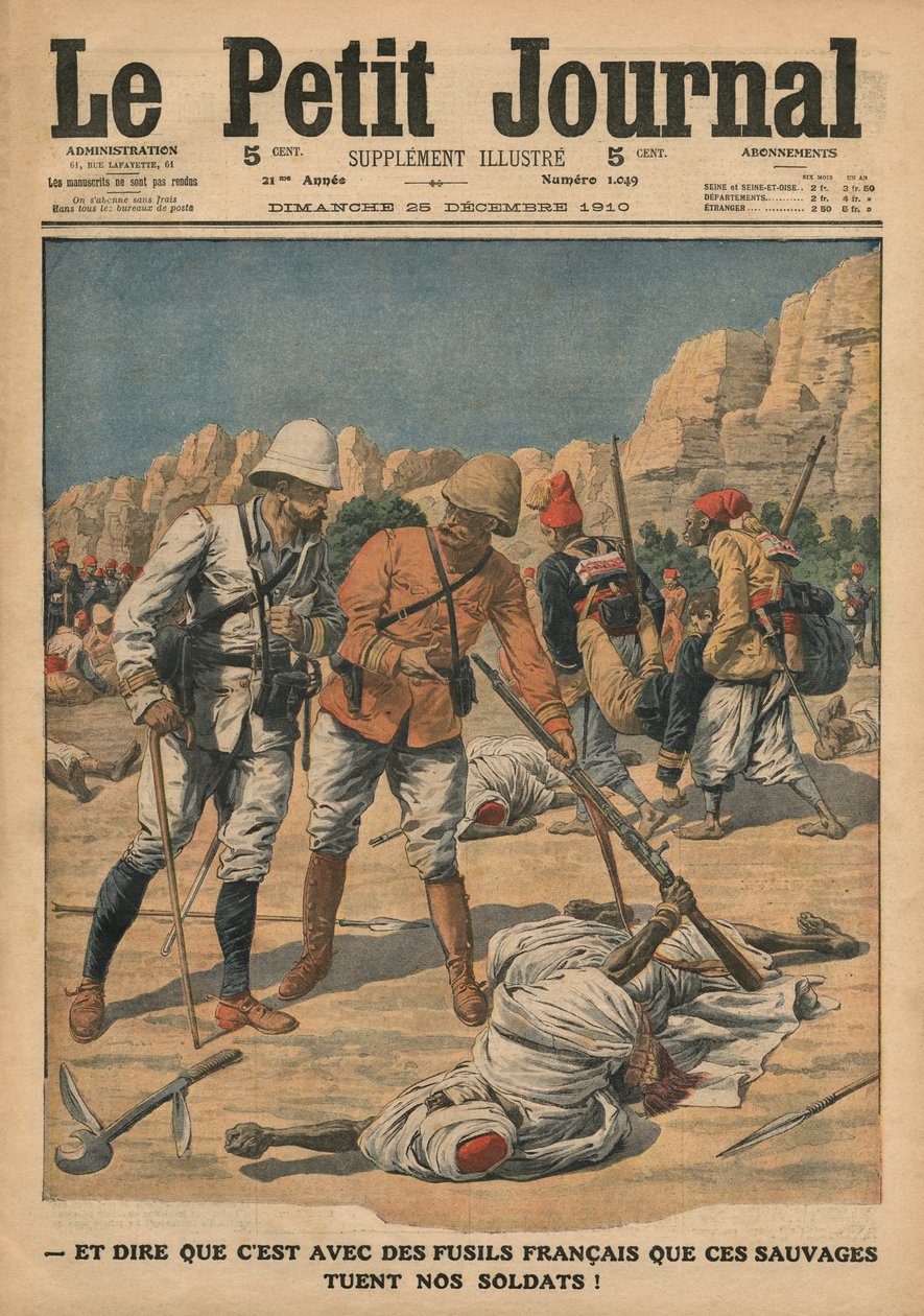 للاعتقاد أن هؤلاء المتوحشين يستخدمون البنادق الفرنسية لقتل جنودنا ، توضيح من `` Le Petit Journal &39;&39; ، ملحق Illustre ، 25 ديسمبر 1910 بواسطة المدرسة الفرنسية