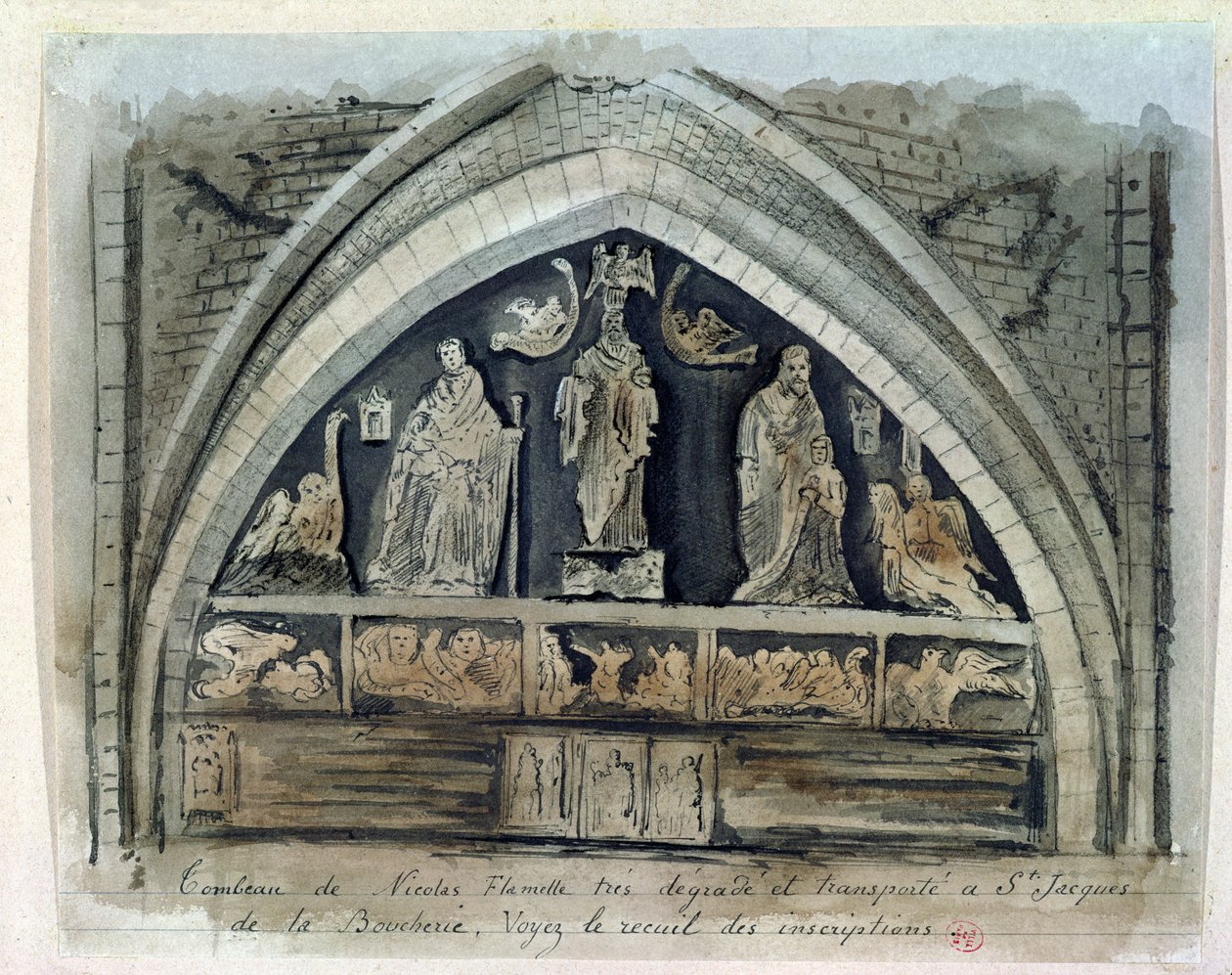 قبر نيكولاس فلاميل (c.1330-1418) في Cimetiere des Innocents (مرحاض على ورق) بواسطة المدرسة الفرنسية