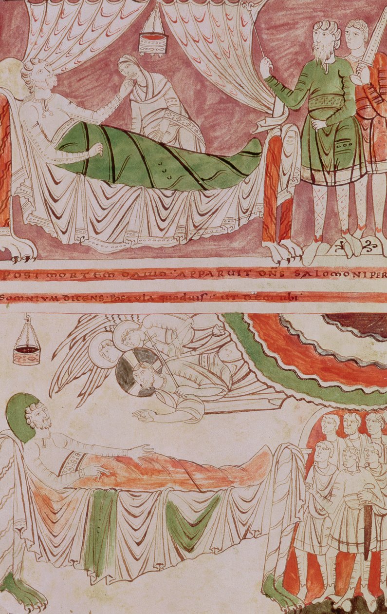 المجلد 1 ، السيدة 1589 ، ص 128v الملك داود وحلم سليمان ، من الكتاب المقدس للقديس فاست بواسطة المدرسة الفرنسية