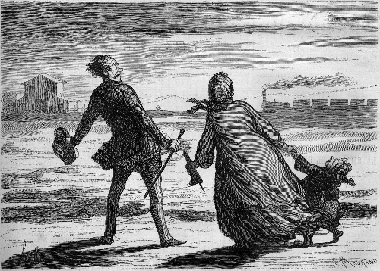 بعد فوات الأوان! : عائلة فاتها القطار. كارتون من قبل هونور دومير (1808-1879). نقش في "" Le Monde Illustré "" رقم 286 بتاريخ 4 أكتوبر بواسطة المدرسة الفرنسية