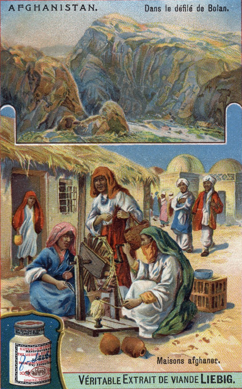 في الأعلى: موكب بولان في أفغانستان. في الأسفل: نساء أفغانيات ينسجن الصوف أمام بيوتهن. الطباعة الحجرية الملونة في القرن التاسع عشر. بواسطة المدرسة الفرنسية