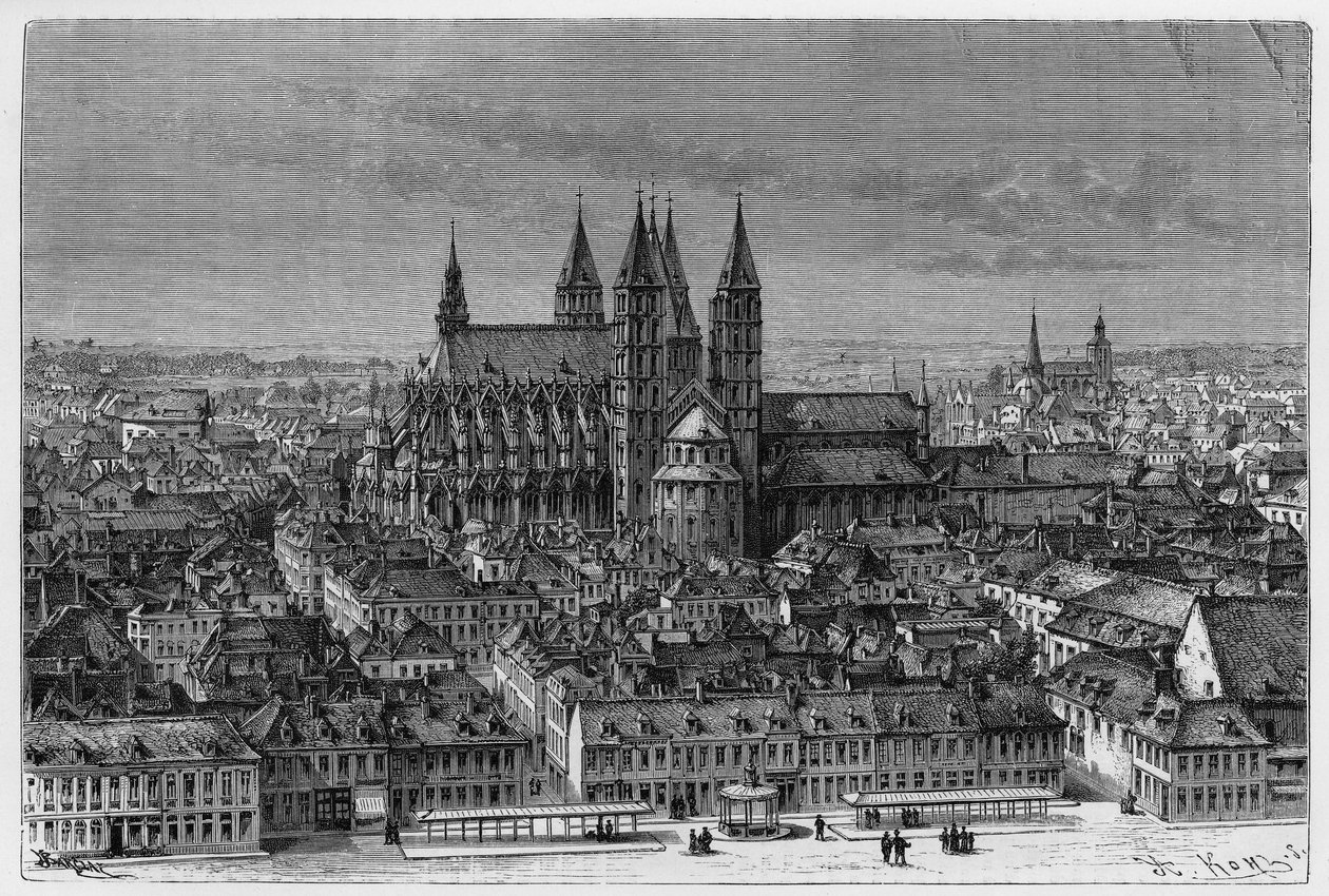 Tournai: exterior view of Notre-Dame (Notre Dame) and panorama of the city. Engraving by Barclay, to illustrate the story “” Belgium””, by Camille Lemonnier (1844-1913) Belgian writer. Published in Le Tour du monde, nouveau journal des voyages, 2nd semeste بواسطة المدرسة الفرنسية