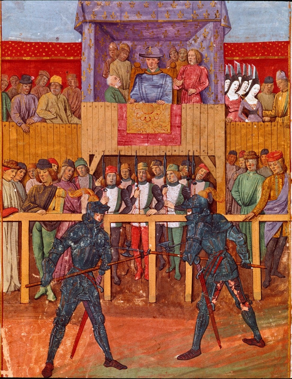 مشهد البطولة معارضة اثنين من الفرسان في Miniature Armor من "Le Jouvencel" للمخرج Jean V de Bueil (1406-1477) بواسطة المدرسة الفرنسية