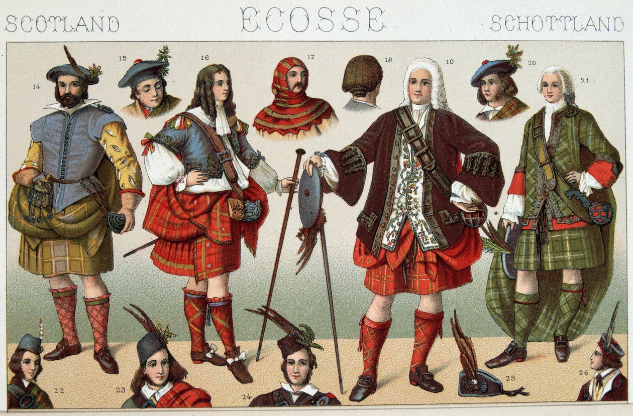 Traditional Scottish Costumes - in “” Le costume historique”” by Racinet بواسطة المدرسة الفرنسية