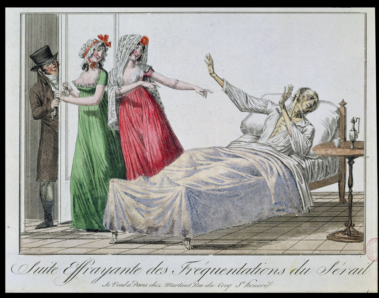 نتيجة مأساوية لبيوت الدعارة المتكررة ، كاريكاتير الزهري ، c.1800 (نقش الألوان) بواسطة المدرسة الفرنسية