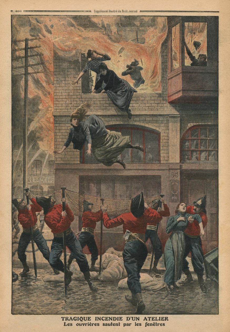 حريق مأساوي في ورشة عمل في نيوارك ، نيو جيرسي ، رسم توضيحي من `` Le Petit Journal &39;&39; ، ملحق illustre ، 11 ديسمبر 1910 (لون ليثو) بواسطة المدرسة الفرنسية