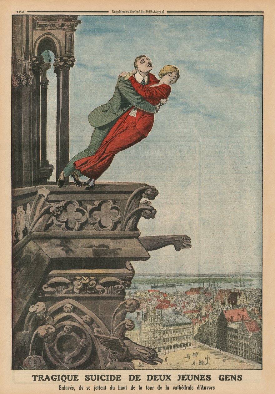 انتحار مأساوي لشابين من برج الكاتدرائية في أنتويرب ، صورة الغلاف الخلفي من `` Le Petit Journal &39;&39; ، ملحق illustre ، 11 مايو 1913 بواسطة المدرسة الفرنسية