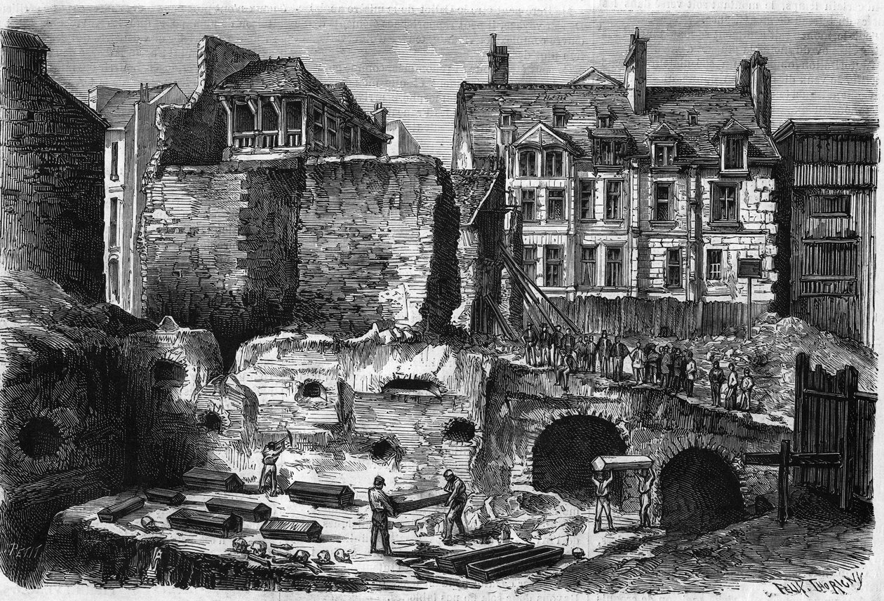 تحولات باريس تحت الإمبراطورية الثانية ، Haussmannian Paris ؛ تم اكتشاف قبور في الحفريات التي أجريت في شارع ديه جوبيلين بواسطة المدرسة الفرنسية