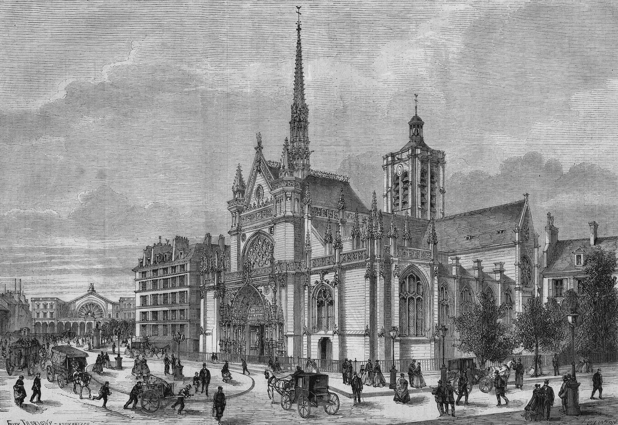 تحولات باريس تحت الإمبراطورية الثانية ، Haussmannian Paris: منظر للواجهة الجديدة من طراز Neogothic لكنيسة Saint Laurent ، Boulevard de Strasbourg ، التي أعاد ترميمها المهندس المعماري Simon Claude Constant Dufeux (Constant-Dufeux) (1801-1870) بواسطة المدرسة الفرنسية