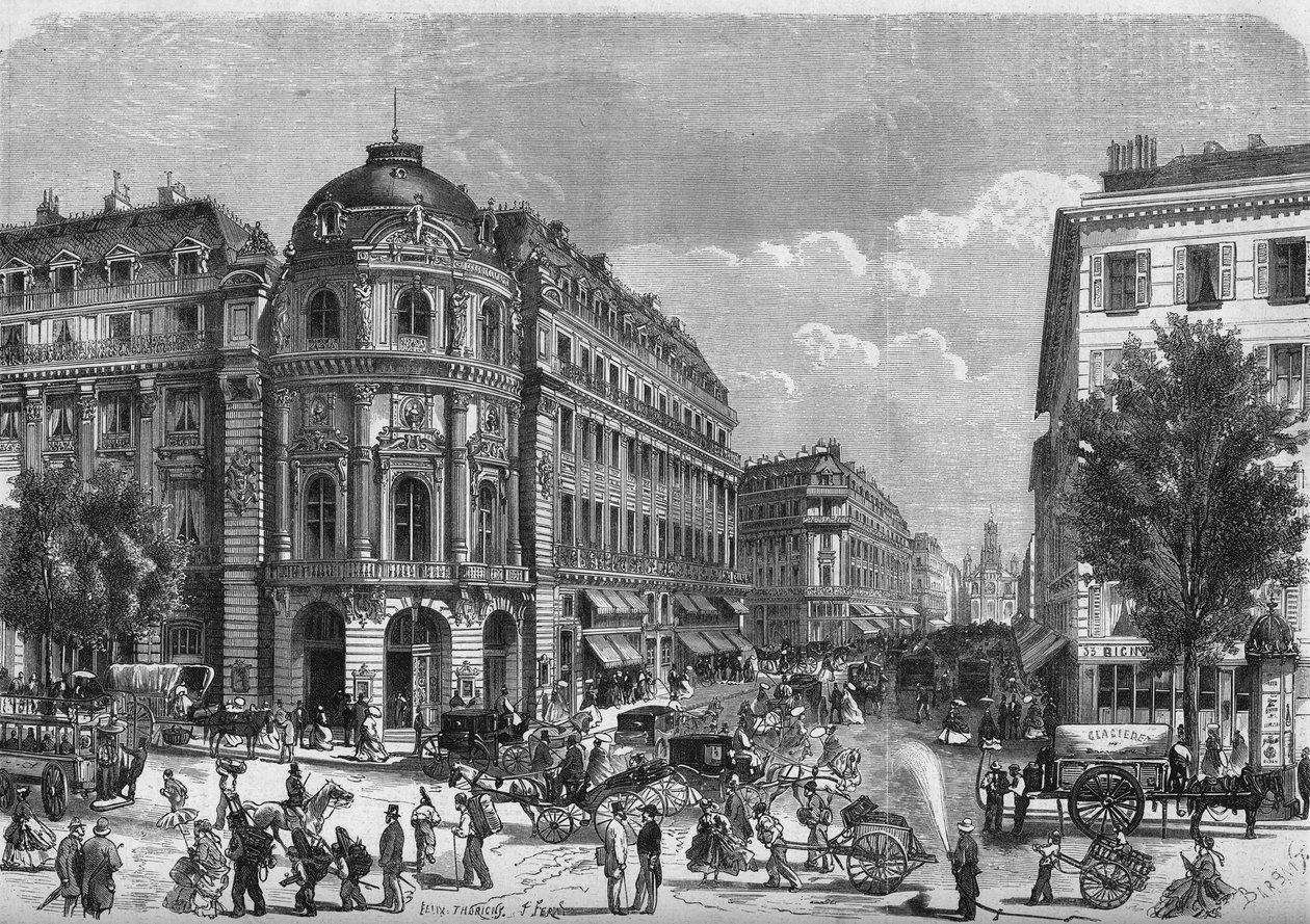 تحولات باريس تحت الإمبراطورية الثانية ، Haussmannian Paris: منظر من Boulevard des Italiens ، في ذروة Chaussee d'Antin (Chaussee-d'Antin) ، مع مسرح فودفيل الجديد بواسطة المدرسة الفرنسية