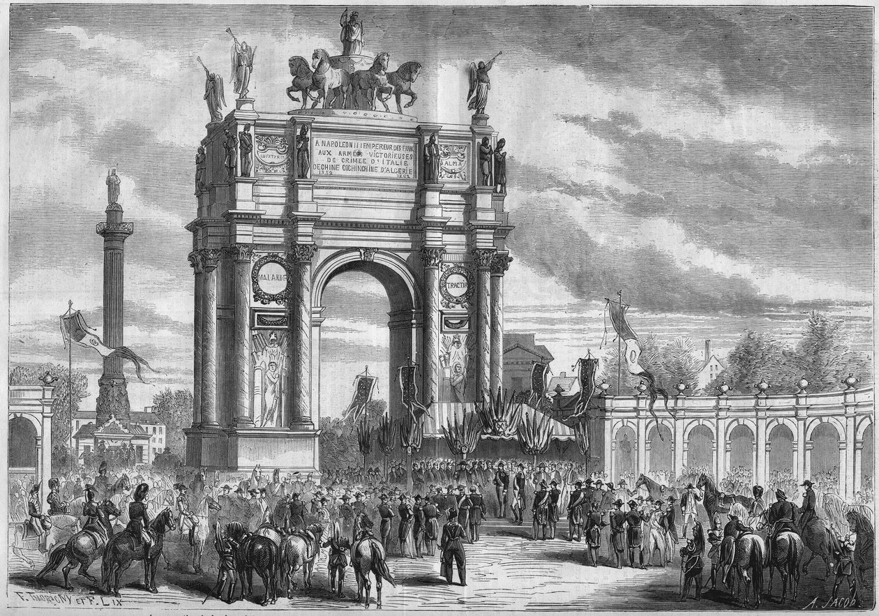 تحولات باريس تحت الإمبراطورية الثانية ، Haussmann Paris: قوس النصر عند افتتاح Boulevard du Prince Eugene (حاليًا Boulevard Voltaire) بواسطة نابليون الثالث. نقش في "" Le Monde Illustré "" رقم 296 بتاريخ 13 ديسمبر 1862. بواسطة المدرسة الفرنسية