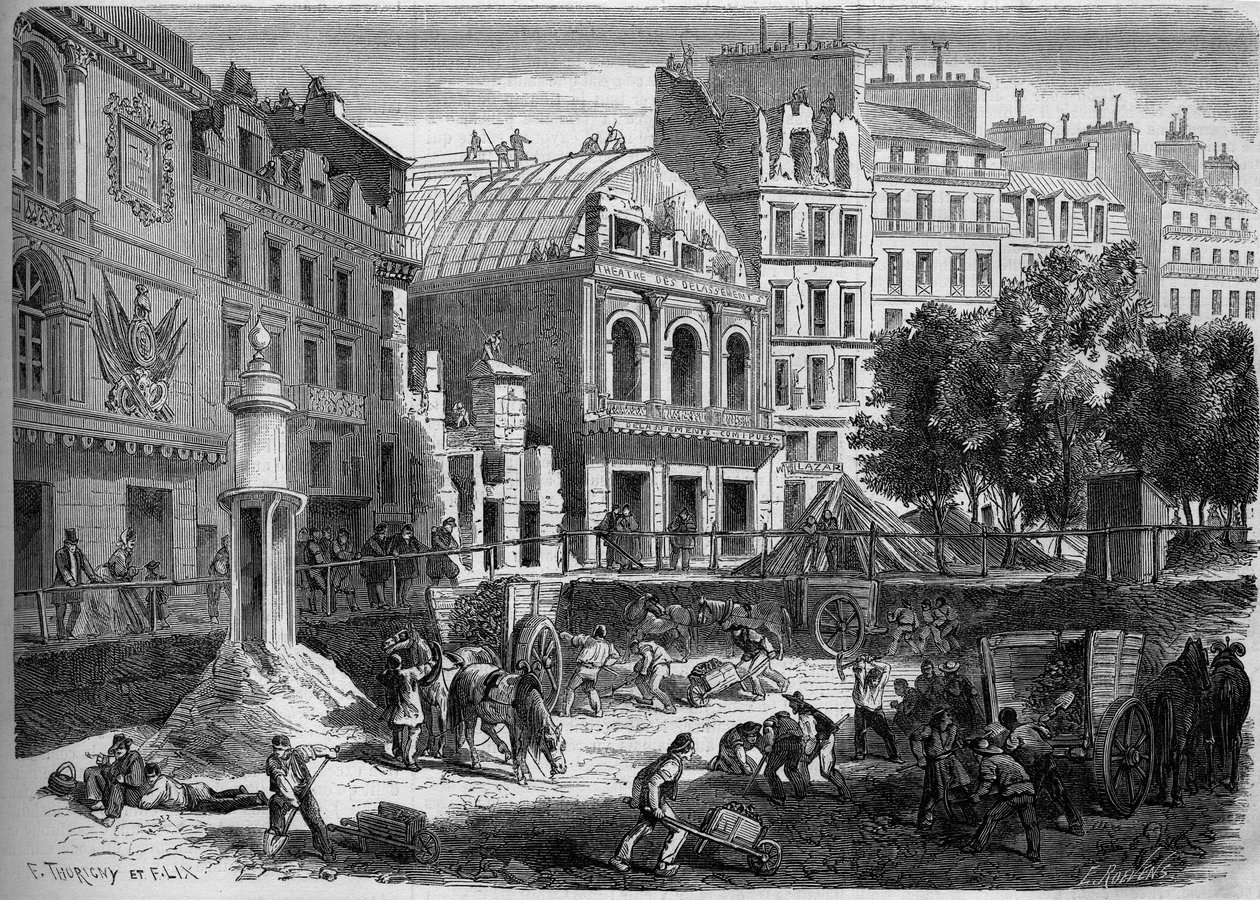 تحولات باريس تحت الإمبراطورية الثانية ، Haussmann Paris: هدم مسارح المعبد لاختراق Boulevard du Prince Eugene (اليوم ، شارع Voltaire). نقش في "" Le Monde Illustré "" رقم 278 بتاريخ 9 أغسطس بواسطة المدرسة الفرنسية