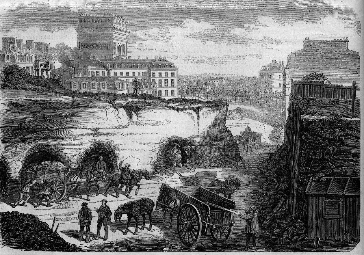 تحولات باريس تحت الإمبراطورية الثانية ، Haussmann Paris: اختراق شارع du Roi de Rome (اليوم ، شارع de Kleber). نقش في "" Le Monde Illustré "" رقم 276 بتاريخ 26 يوليو 1862. بواسطة المدرسة الفرنسية