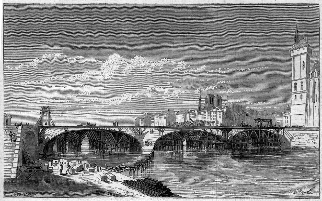 تحولات باريس في ظل الإمبراطورية الثانية ، Haussmann Paris: view of the Pont au Change أثناء إعادة بنائه. نقش في "" Le Monde Illustré "رقم 169 بتاريخ 7 يوليو 1860. بواسطة المدرسة الفرنسية