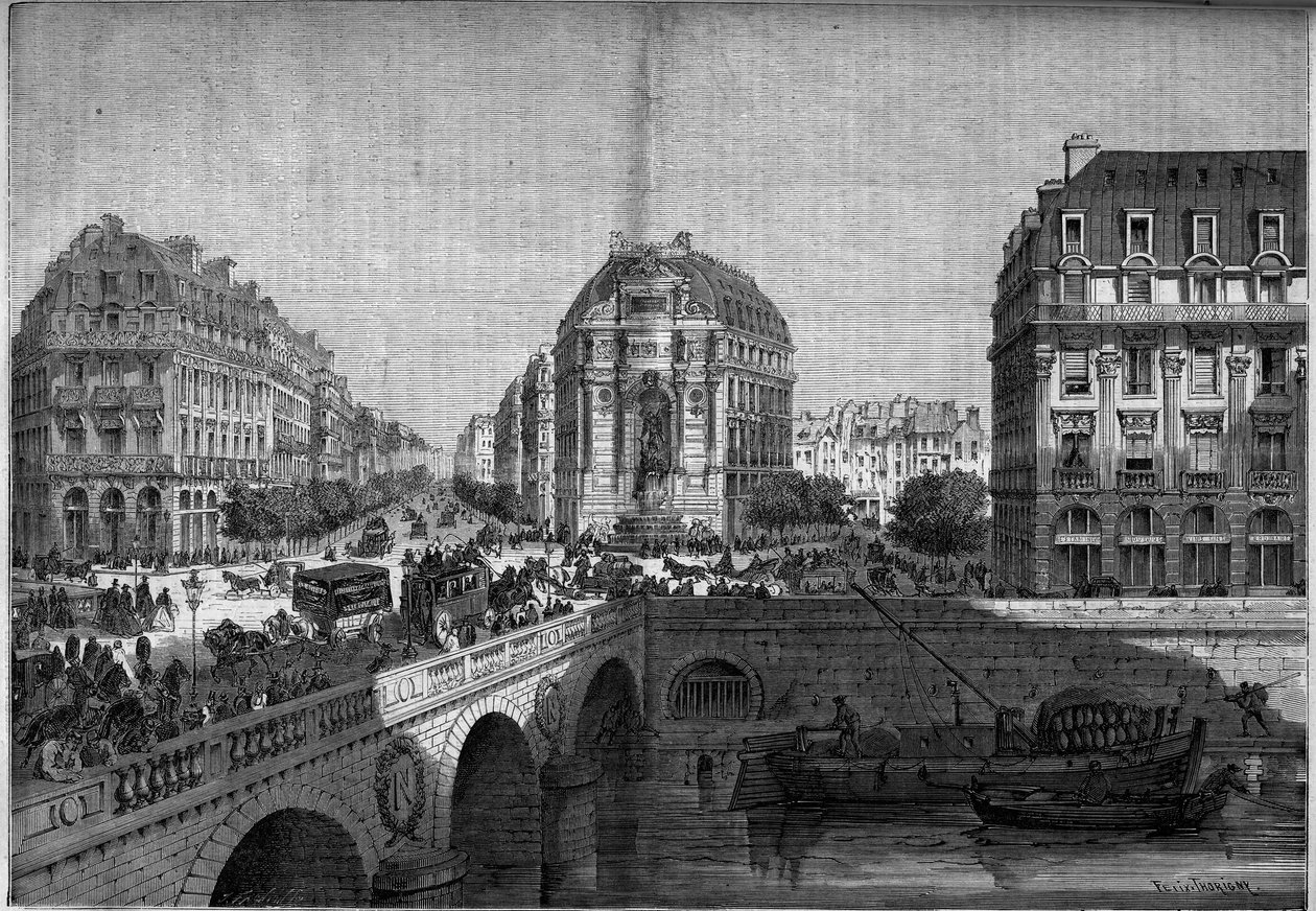 تحولات باريس تحت الإمبراطورية الثانية ، Haussmann Paris: منظر لنافورة Saint Michel (1860) في Boulevard de Sebastopol. نقش في "" Le Monde Illustré "" رقم 175 بتاريخ 18 أغسطس 1860. بواسطة المدرسة الفرنسية