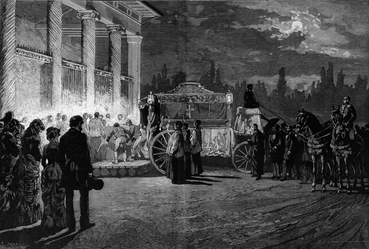 ترجمة رماد البابا بيوس التاسع (1792-1878): وصول الموكب إلى كنيسة القديس لورانس في روما في 12 يوليو 1881. نقش بيليسر في "" Le Monde Illustré "" رقم 1271 بتاريخ 6 أغسطس 1881 . بواسطة المدرسة الفرنسية