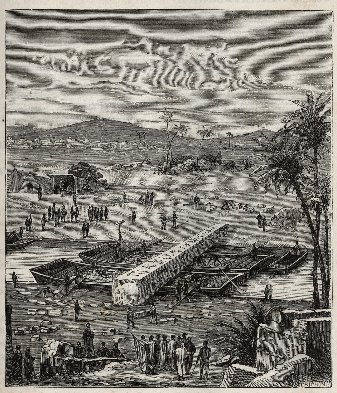 نقل مسلة Ptolemee Philadelph (Ptolemaios Philadelphos) (Ptolemee II) على النيل إلى الإسكندرية - نقش في "" العلوم المتاحة للجميع - الفيزياء والكيمياء الشعبية "بواسطة Alexis Clerc - نهاية القرن التاسع عشر - مجموعة خاصة بواسطة المدرسة الفرنسية