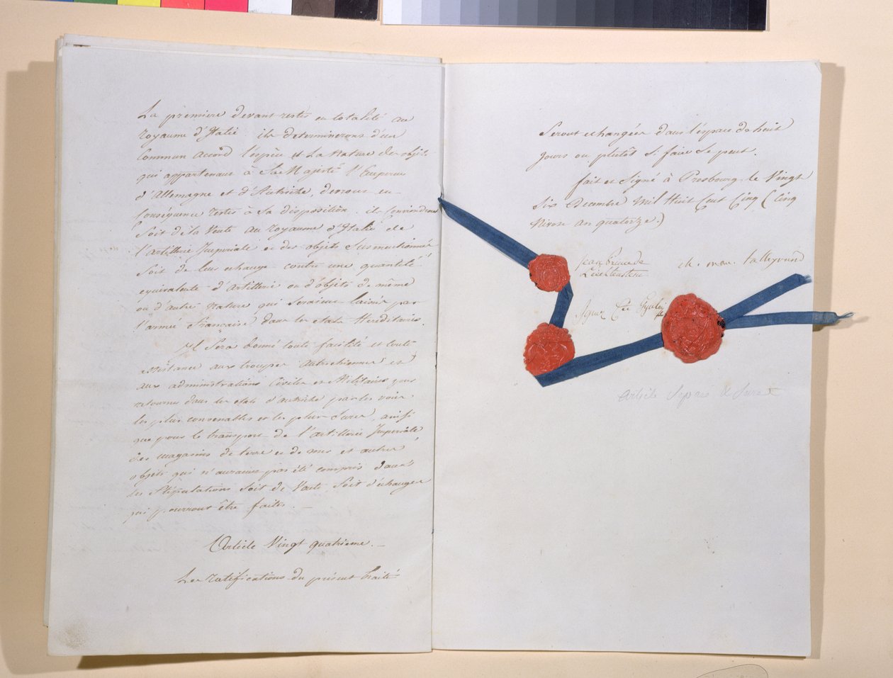 معاهدة بين نابليون الأول (1769-1821) والإمبراطور فرانز الثاني (1768-1835) ، وقعت في بريسبرغ في 26 ديسمبر 1805 (قلم وحبر على ورق) بواسطة المدرسة الفرنسية