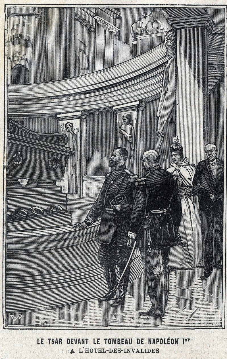 القيصر الروسي نيكولاس الثاني (1868-1918) و Tsarina Alexandra Fiodorovna Romanova (1872-1918) أمام قبر نابليون الأول بونابرت في فندق des Invalides في باريس ، في "Le Petit Parisien" بواسطة المدرسة الفرنسية