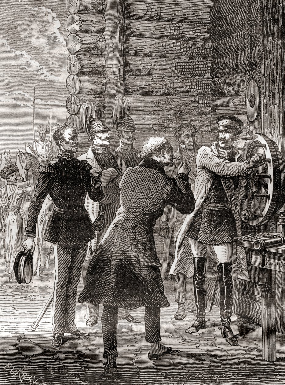 افتتح القيصر نيكولاس الأول خط تلغراف السيمافور بين موسكو ووارسو في عام 1833 ، باستخدام تعديل لنظام إشارات كلود تشاب ، من Les Merveilles de la Science ، تم نشره حوالي عام 1870 (نقش) بواسطة المدرسة الفرنسية